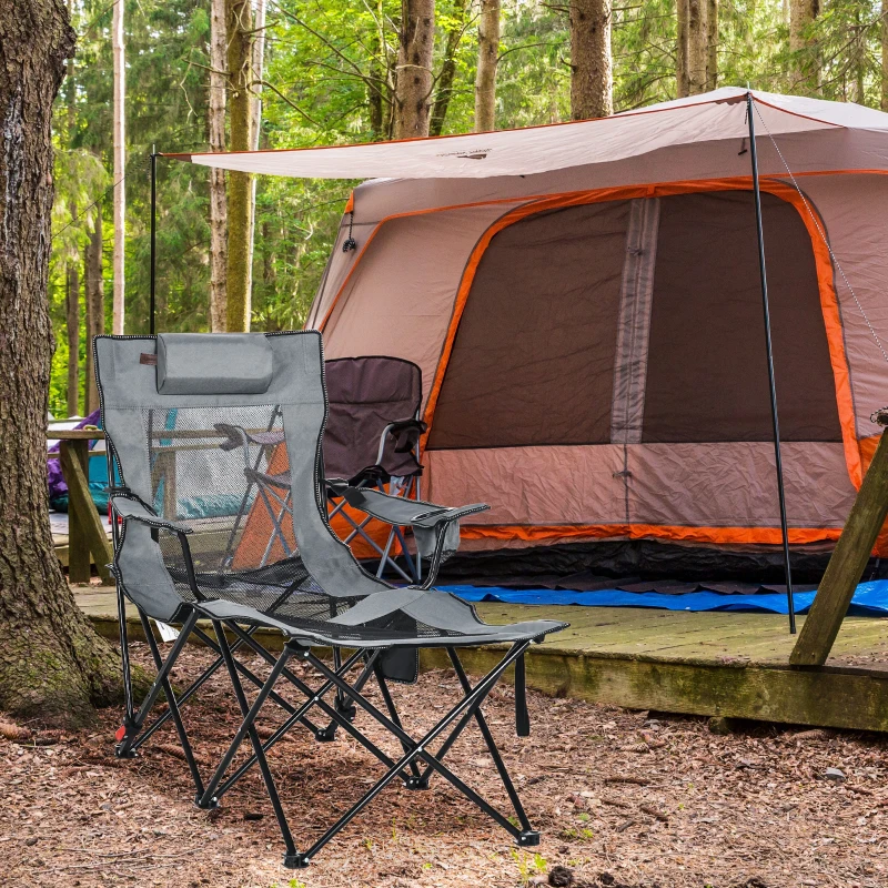 Outsunny Foldable Reclining Garden Chairs with Footrest and Adjustable Backrest, Portable Camping Chair with Headrest, Cup Holder, Side Pocketand Carry Bag for Outdoor, Grey