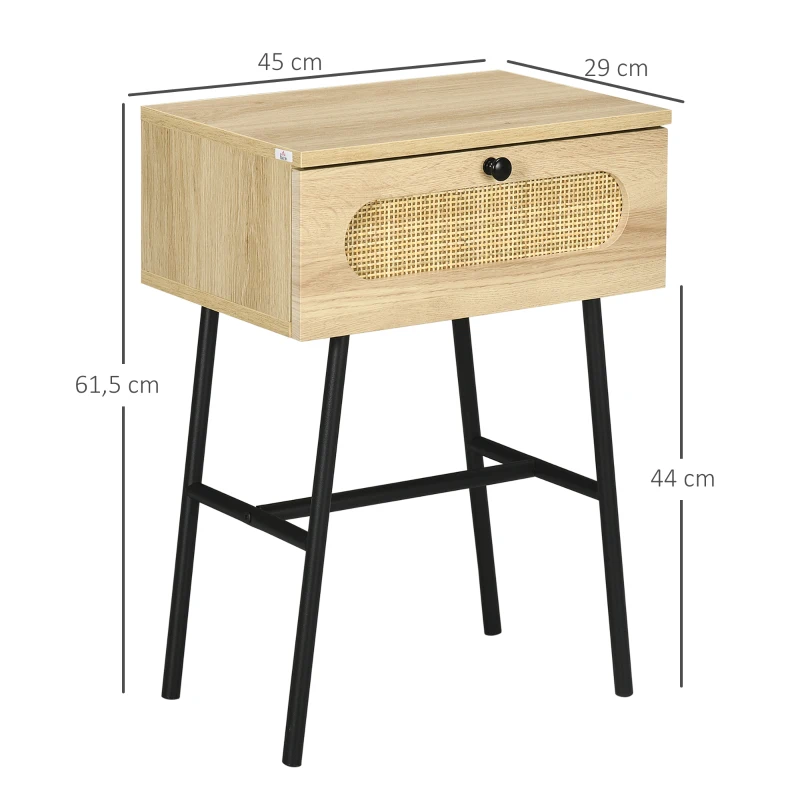 HOMCOM Beistelltisch mit Schublade, Rattandekor, Naturholzoptik, 45 x 29 x 61,5cm