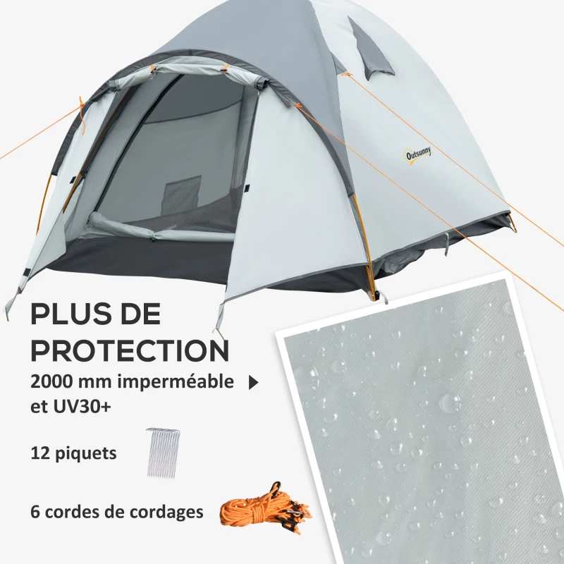 Outsunny Tente de camping 3-4 personnes imperméable fenêtres à mailles double couche portable 350 x 150 x 128 cm gris