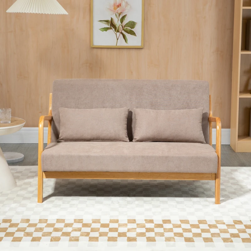 HOMCOM 2-zitsbank, kleine bank, retro-design, 2 kussens, rubberhout, bruin + naturel(m-7)