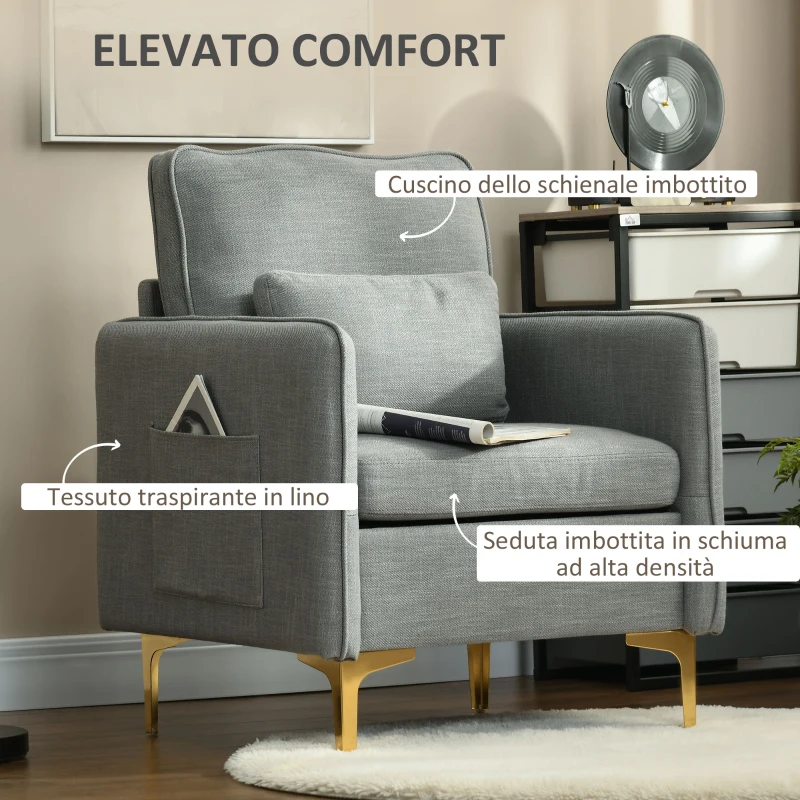 HOMCOM Poltroncina Moderna con Tessuto effetto Lino, Gambe in Acciaio e Tasche laterali, 72x72x90cm, Grigio