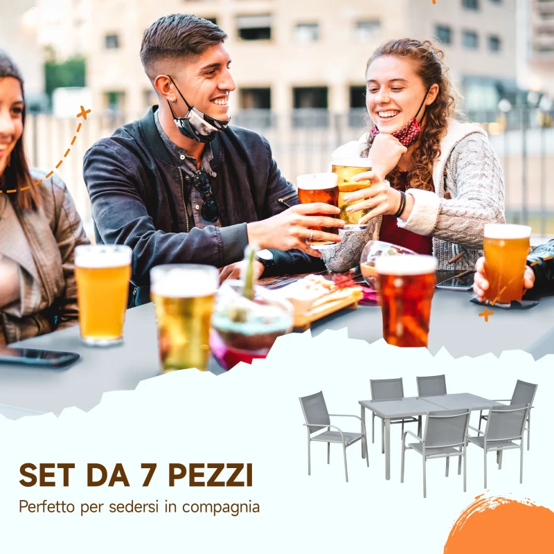 Outsunny Set da Giardino con Tavolo in Vetro Temperato e 6 Sedie con Tessuto a rete, Grigio