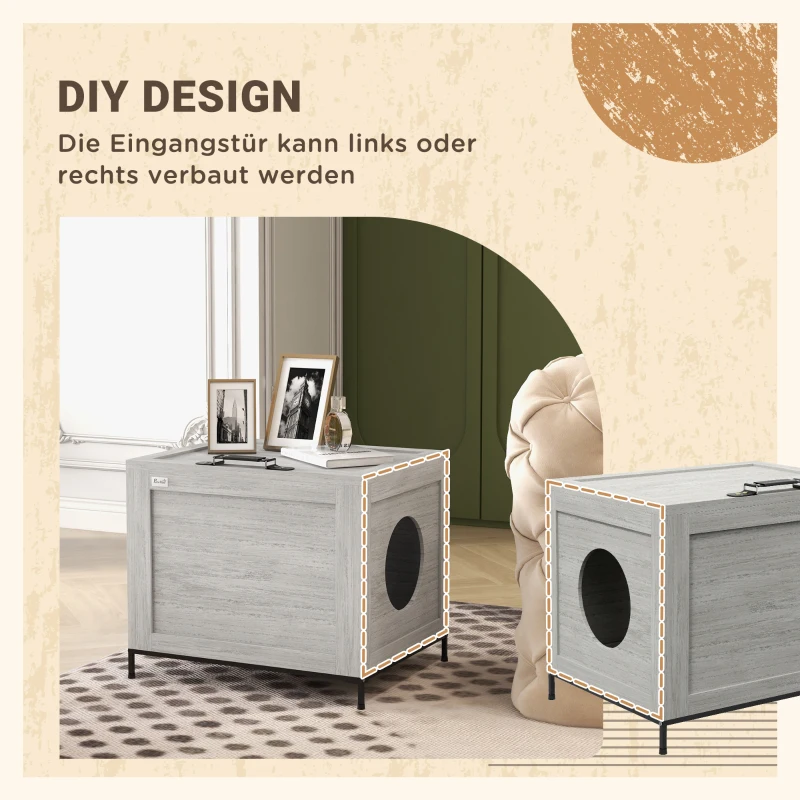PawHut Szafka na kuwetę dla kota, kuweta z drzwiami, domek dla kota z uchwytem, jasnoszary