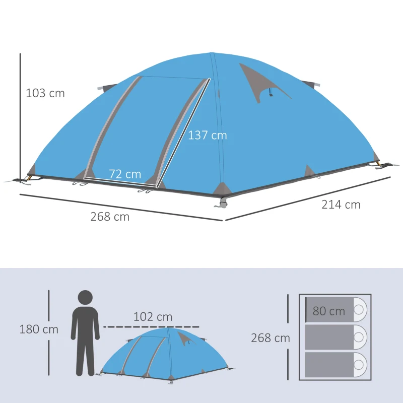 Outsunny Tente de camping 2-3 personnes dôme légère ventilée avec portes zippées sac de transport inclus 268 x 214 x 103 cm bleu