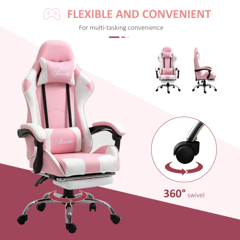 Vinsetto Pink Computer Gaming Chair, Desk Chair with 135° Reclining Back and Retractable Footrest, Adjustable PU Leather Lumbar Support and Headrest, Steel Base for Adults, Girls