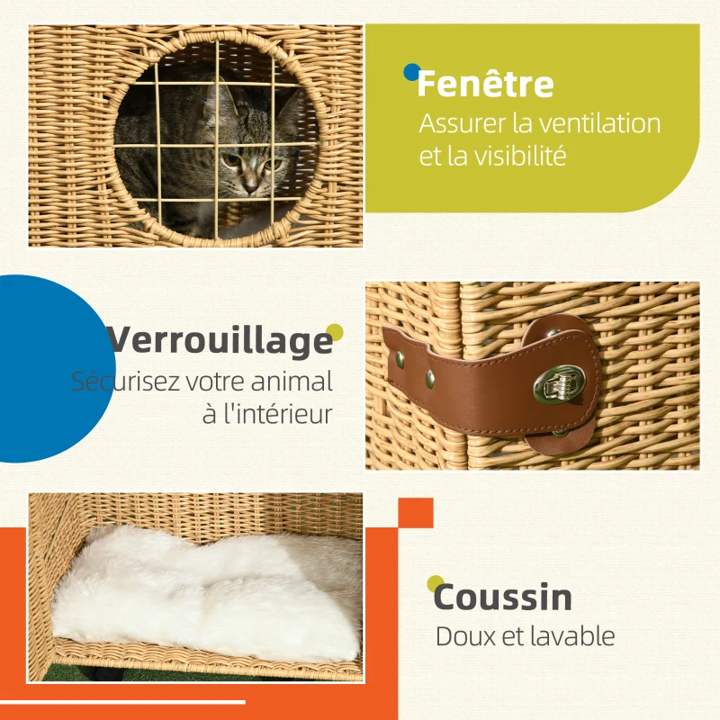 PawHut Caisse de transport pour chat avec roulettes et poignée télescopique en résine tressée effet rotin coussin inclus marron