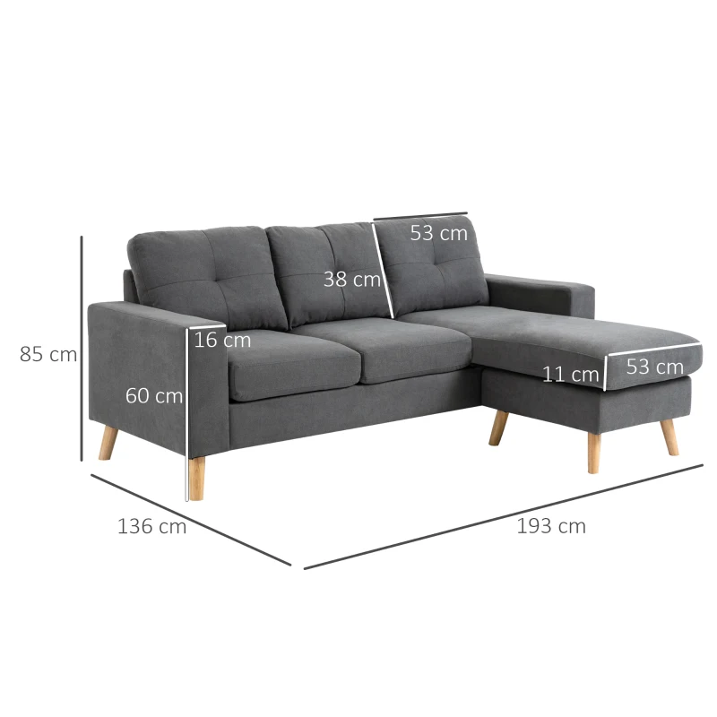 HOMCOM Hoekbank in Scandinavisch design, met knoopdetail, massief hout, linnenlook, Grijs(m-3)