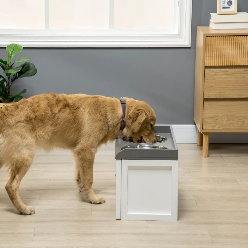 PawHut Comedouro Elevado para Cães com 2 Tigelas 2000ml de Aço Inoxidável Gaveta Oculta com Suporte de Madeira 60x30x36cm Branco