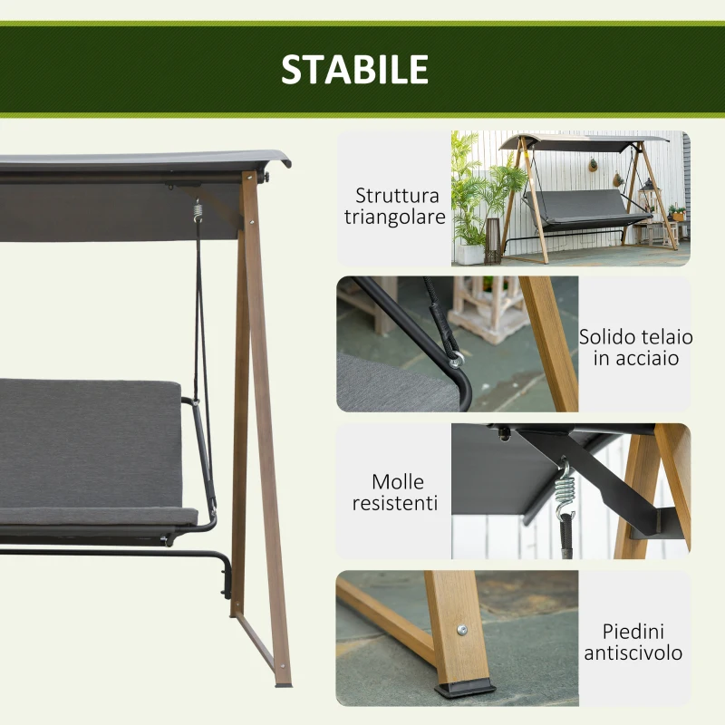 Outsunny Dondolo da giardino 3 posti con Tettuccio regolabile in acciaio, 224x133x173cm, grigio