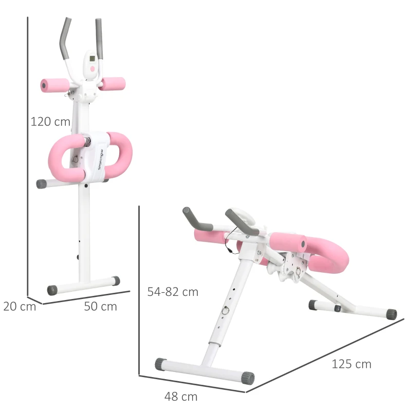 SPORTNOW Bauchtrainer, klappbar, winkel- und höhenverstellbar, Monitor, Stahlrahmen, weiß+rosa, 115 x 48 x 82 cm