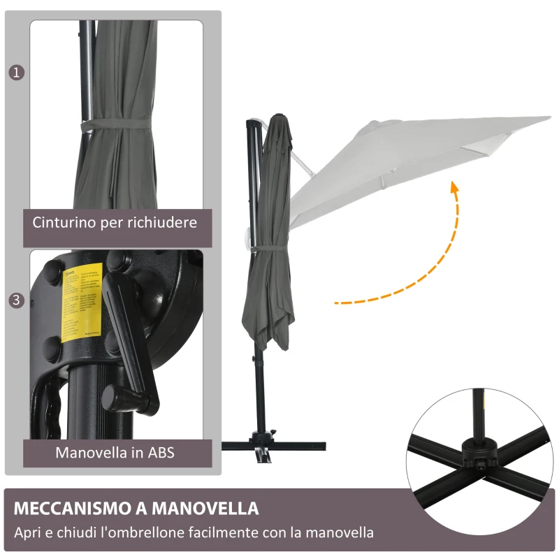 Outsunny Ombrellone da Giardino con Angolazione Regolabile su 5 Livelli e Rotazione a 360°, 2.5x2.5 m, Grigio