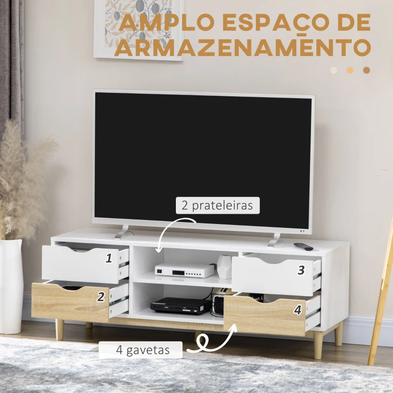 HOMCOM Móvel de TV para Televisores de até 55" com Prateleiras de Armazenamento e 4 Gavetas 120x40x44,5cm Branco e Carvalho