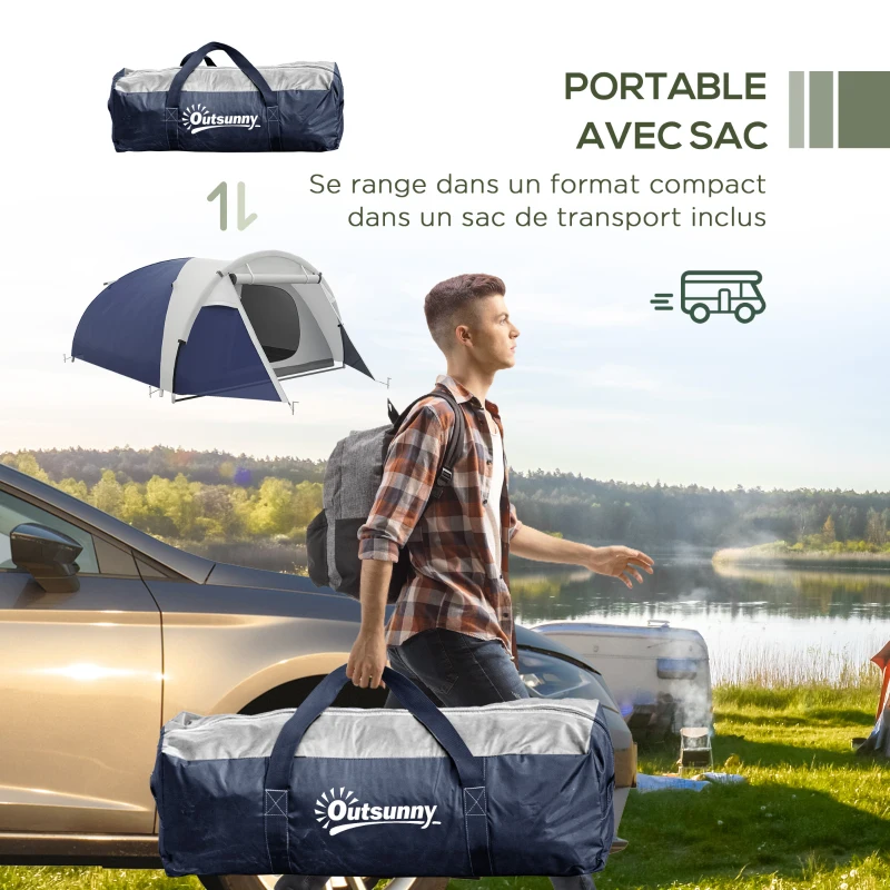Outsunny Tente de camping 3/4 personnes dôme légère ventilée avec portes zippées 320 x 240 x 130 cm bleu foncé gris clair