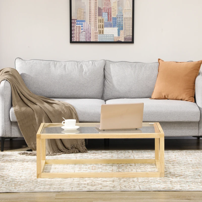 HOMCOM Table basse rectangulaire table de salon avec plateau en verre trempé cadre en bois d'hévéa dim. 100L x 60l x 35H cm