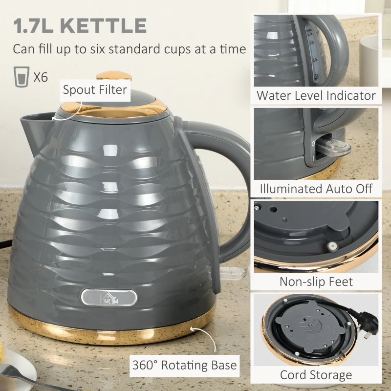 HOMCOM Kettle and Toaster Sets, 3000W 1.7L Rapid Boil Kettle & 4 Slice Toaster with 7 Browning Controls, Defrost, Reheat and Crumb Tray, Otter thermostat, Grey(m-4)