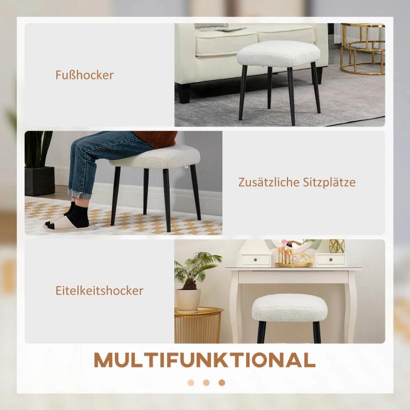 HOMCOM Kruk, Voetensteun, Gepolsterde Zit, Kasjmier-look, Stalen Poten, 42 x 42 x 44 cm, Crèmewit