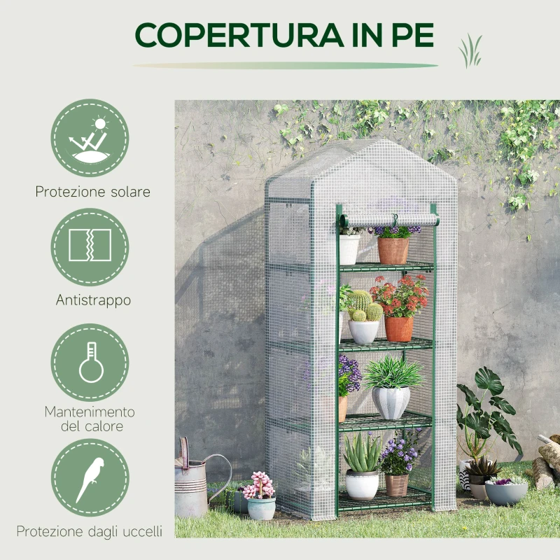Outsunny Serra per Piante Verticale con Scaffale a 4 Ripiani in Acciaio e PE Bianco, 70x50x160cm