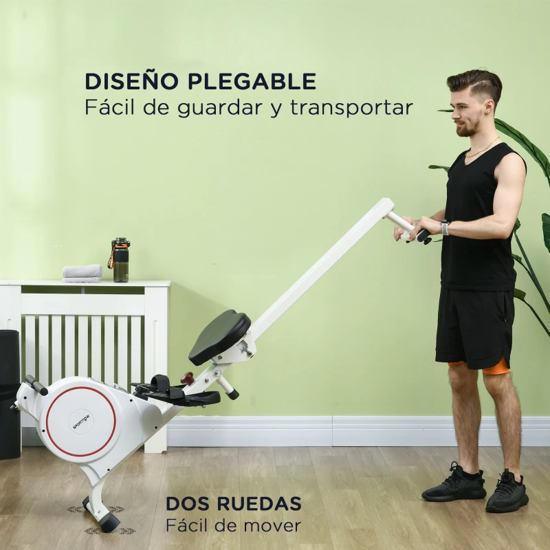 SPORTNOW Máquina de Remo Magnético Remo para Casa Plegable Resistencia de 8 Niveles Pantalla LCD y 2 Ruedas 180x48x60 cm Blanco
