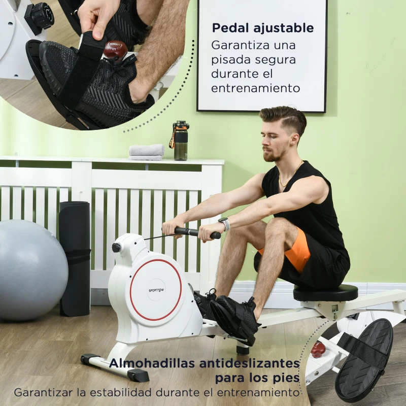 SPORTNOW Máquina de Remo Magnético Remo para Casa Plegable Resistencia de 8 Niveles Pantalla LCD y 2 Ruedas 180x48x60 cm Blanco