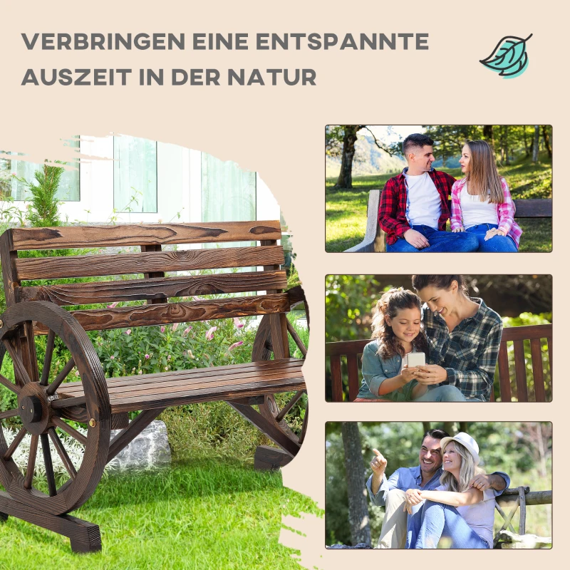 Outsunny Tuinbank van Hout met Wagenwiel voor 2 Personen in de Tuin, Natuurlijk Hout, Donkerbruin(m-7)