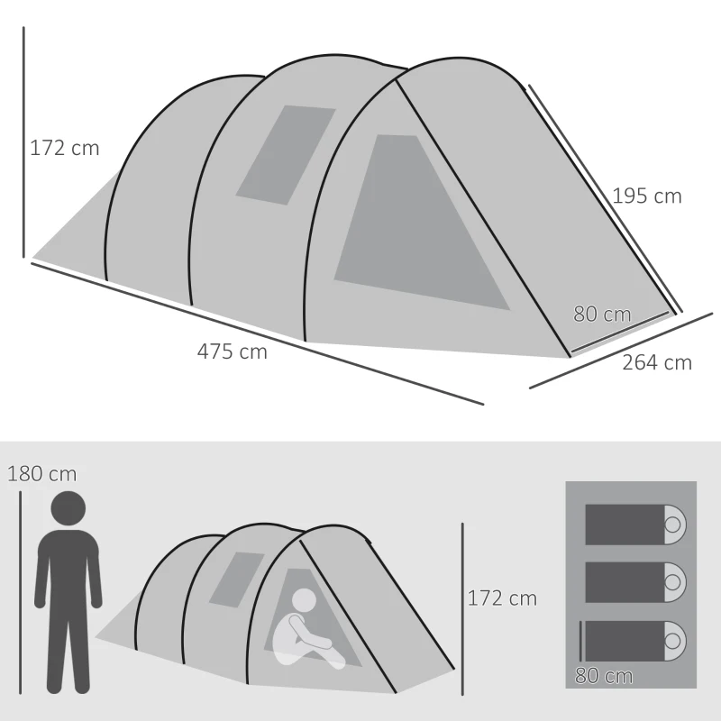 Outsunny kampeertent voor 3-4 personen, twee binnenruimtes, gaasraam, groen, 4,75 x 2,64 x 1,72 m