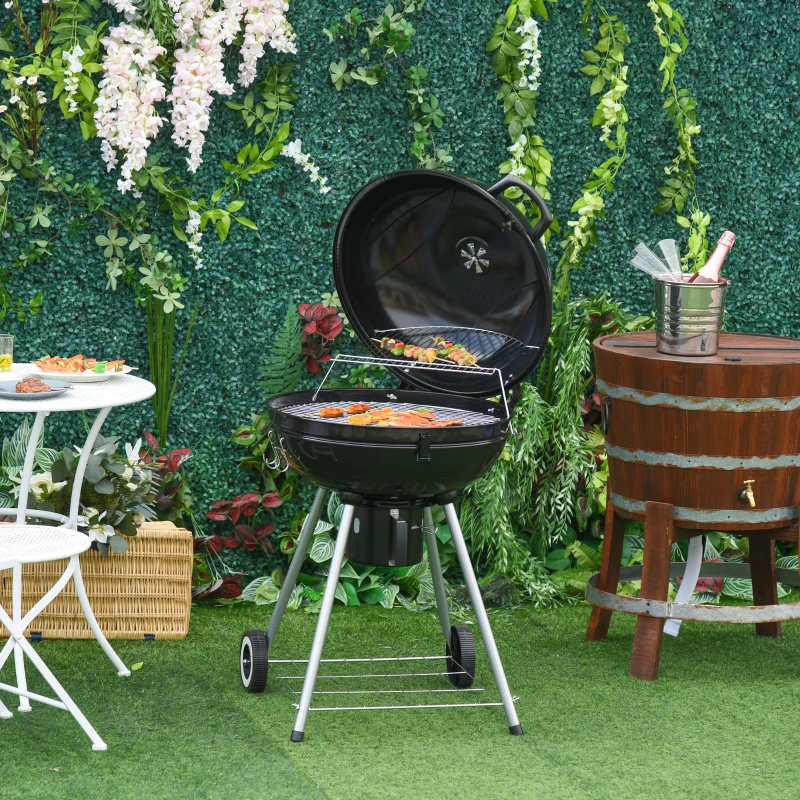 Outsunny Barbecue cu Carbune Capac si Termometru Grilaj Dublu in Metal Negru