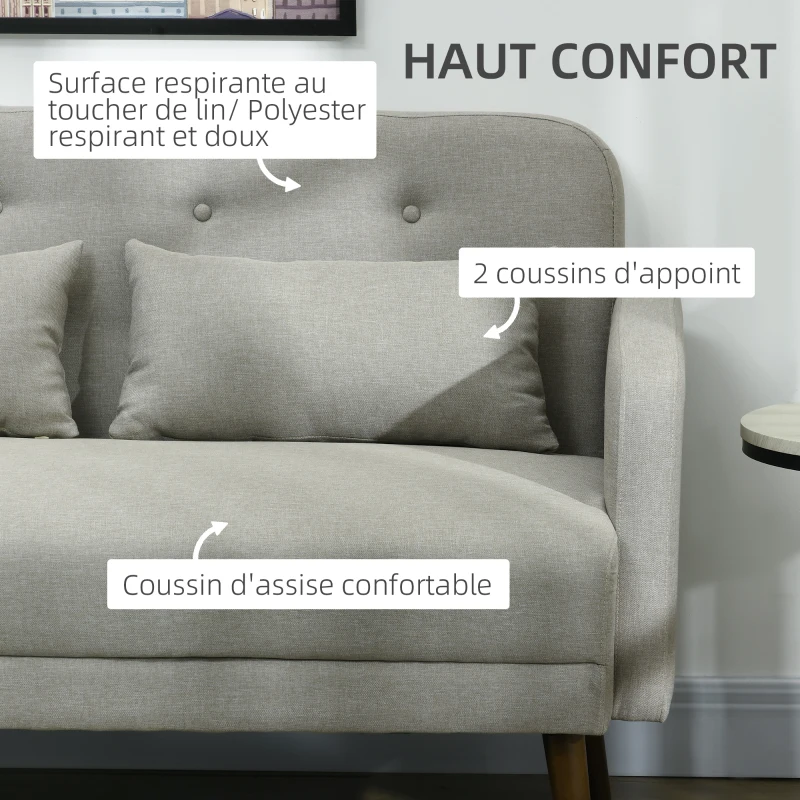 HOMCOM Canapé banquette 2 places design scandinave avec 2 coussins inclus 135 x 74 x 82 cm pieds en bois gris