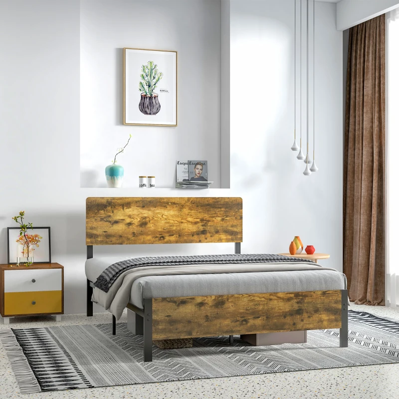 HOMCOM Cama de Matrimonio de Estilo Rústico 149x197 cm Cama Doble con Somier de Acero y Cabezal y Pie de Cama de Melamina