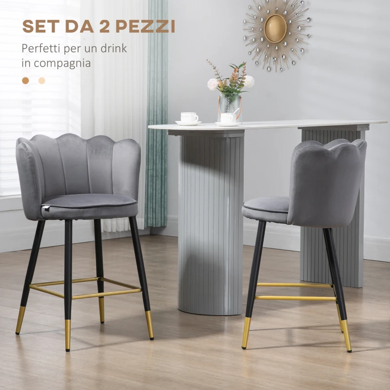 HOMCOM Set da 2 Sgabelli da Bar Vellutati con Poggiapiedi e Base in acciaio, 59x52x90cm, Grigio