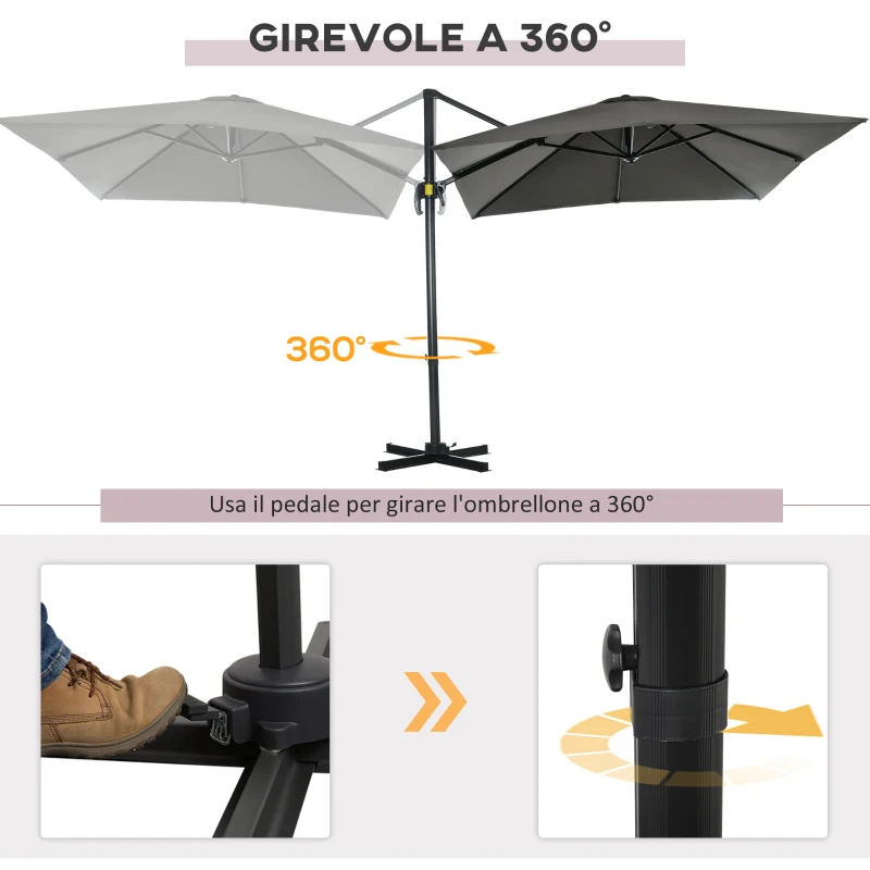 Outsunny Ombrellone da Giardino con Angolazione Regolabile su 5 Livelli e Rotazione a 360°, 2.5x2.5 m, Grigio