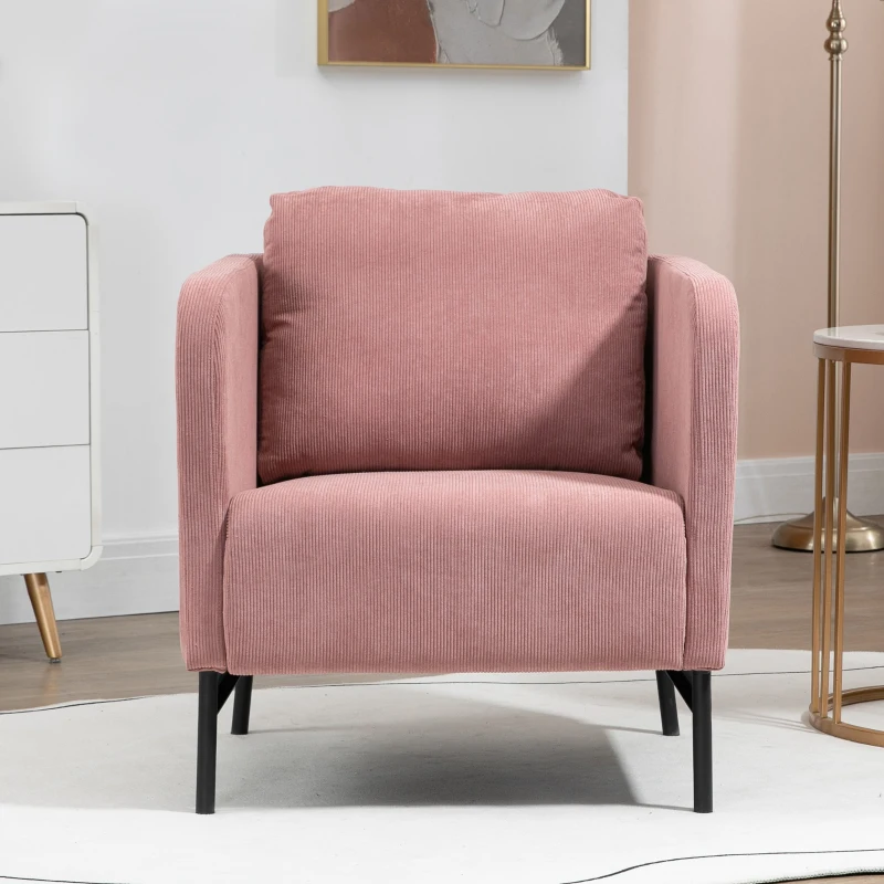 HOMCOM Poltroncina in Velluto a Coste con Gambe in Acciaio e Cuscino posteriore, 73x74x82cm, Rosa