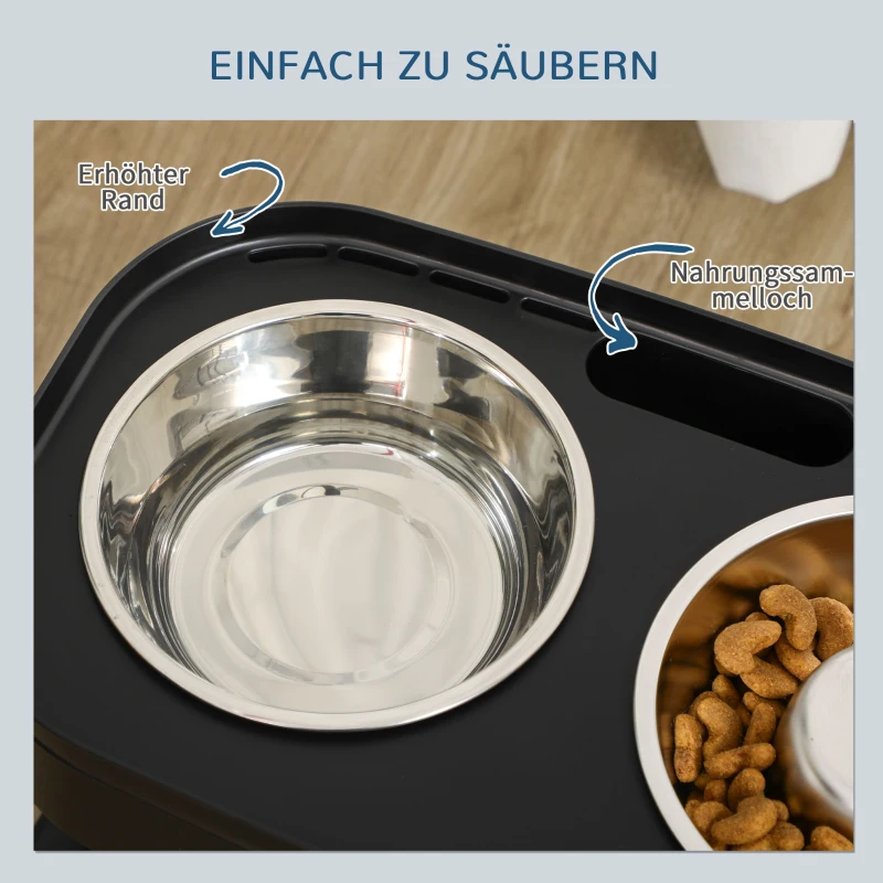 PawHut Futterstation, Edelstahlnapf, Anti-Schling-Napf, höhenverstellbar, schwarz, 43 x 25 x 30 cm