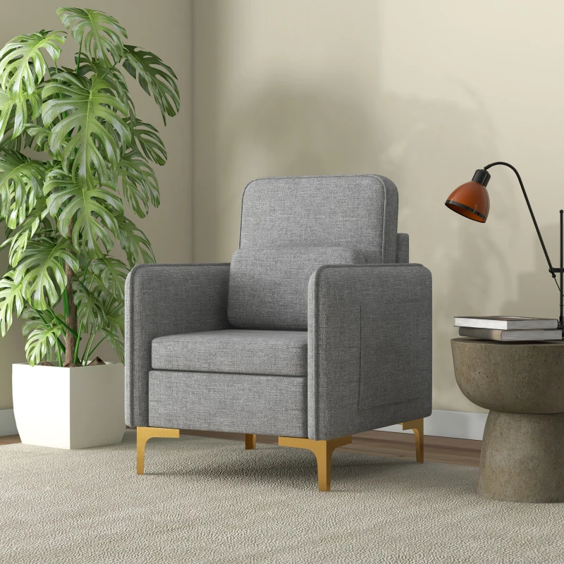 HOMCOM Poltroncina Moderna con Tessuto effetto Lino, Gambe in Acciaio e Tasche laterali, 72x72x90cm, Grigio