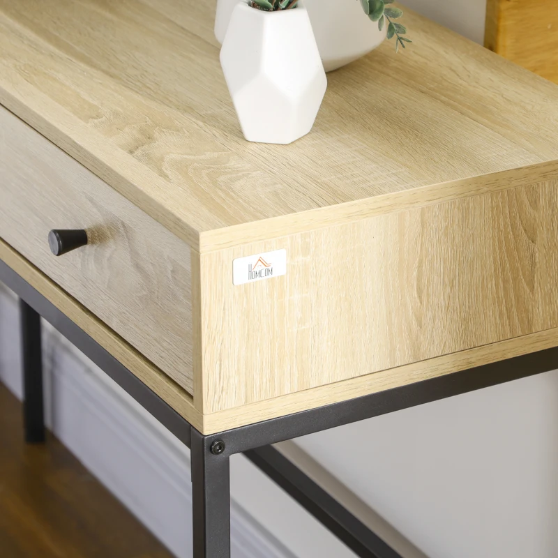 HOMCOM Table console table d'entrée structure en acier 3 tiroirs effet bois style industriel 120 x 39,8 x 78 cm naturel noir