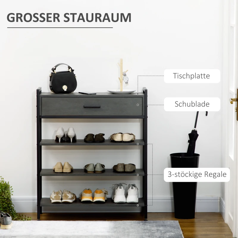 HOMCOM Schuhregal, für 12 Schuhpaare, mit 1 Schublade, 3 Regalböden, Stahlrahmen, schwarz, 80 x 30 x 95 cm