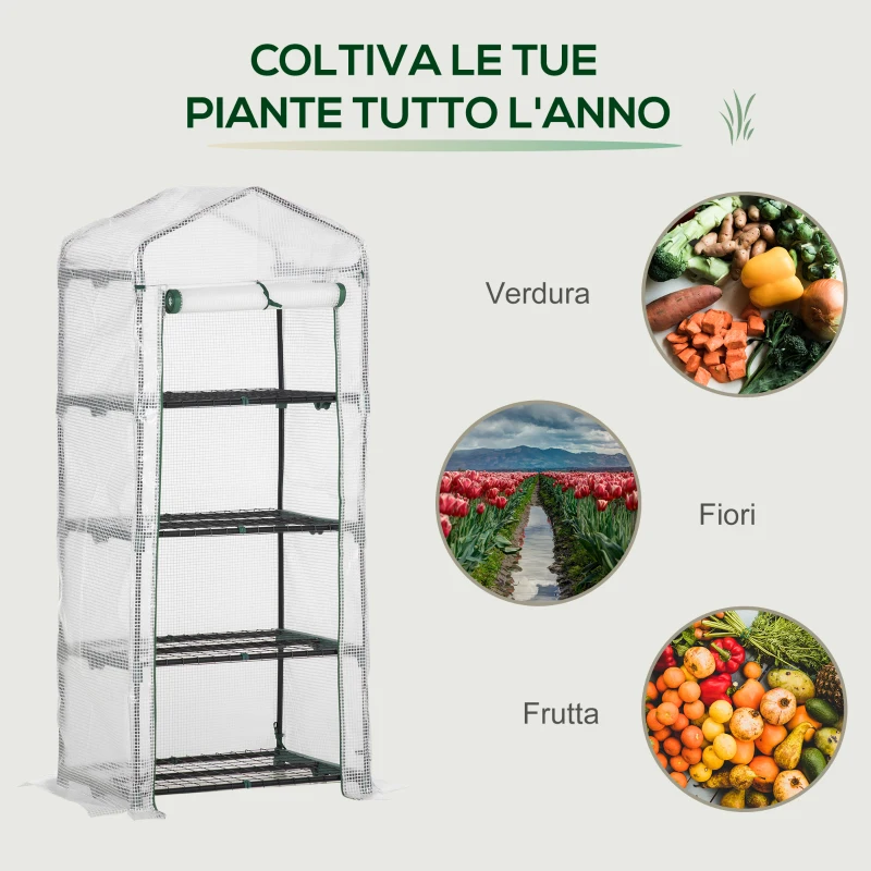 Outsunny Serra per Piante Verticale con Scaffale a 4 Ripiani in Acciaio e PE Bianco, 70x50x160cm