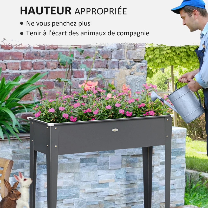 Outsunny Jardinière sur pieds carré potager avec trou de drainage acier galvanisé 100 x 30 x 80 cm gris