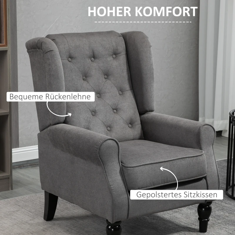 HOMCOM Ohrensessel im Vintage-Design, Lesesessel, Akzentsessel, Holzbeine, Knopfheftung, Grau + Schwarz