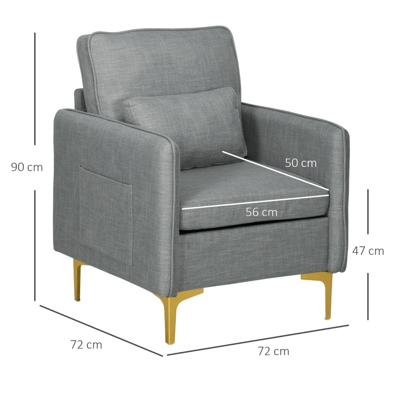 HOMCOM Poltroncina Moderna con Tessuto effetto Lino, Gambe in Acciaio e Tasche laterali, 72x72x90cm, Grigio