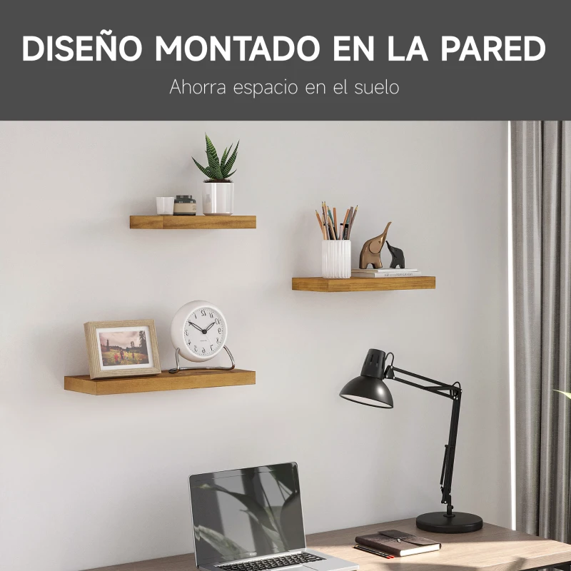 HOMCOM Juego de 3 Estantes Flotantes de Madera Balda de Pared para Salón Pasillo 50x18x3,6 cm 40x18x3,6 cm 30x18x3,6 cm Marrón