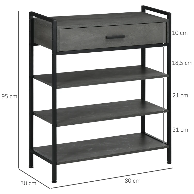 HOMCOM Schuhregal, für 12 Schuhpaare, mit 1 Schublade, 3 Regalböden, Stahlrahmen, schwarz, 80 x 30 x 95 cm