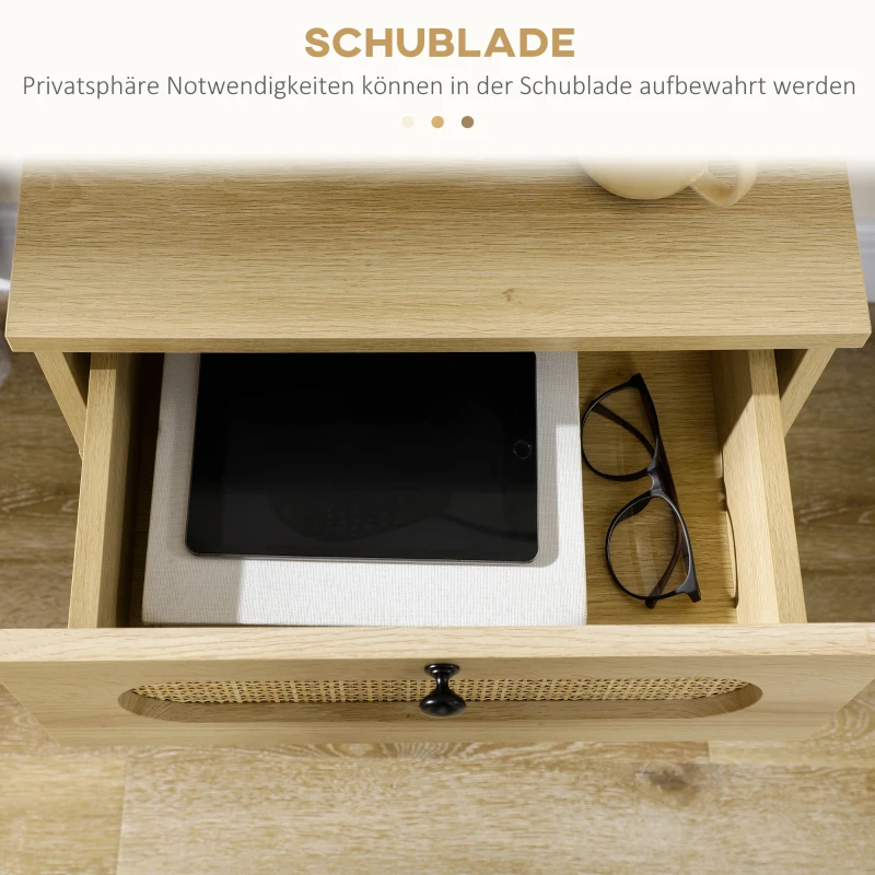 HOMCOM Beistelltisch mit Schublade, Rattandekor, Naturholzoptik, 45 x 29 x 61,5cm