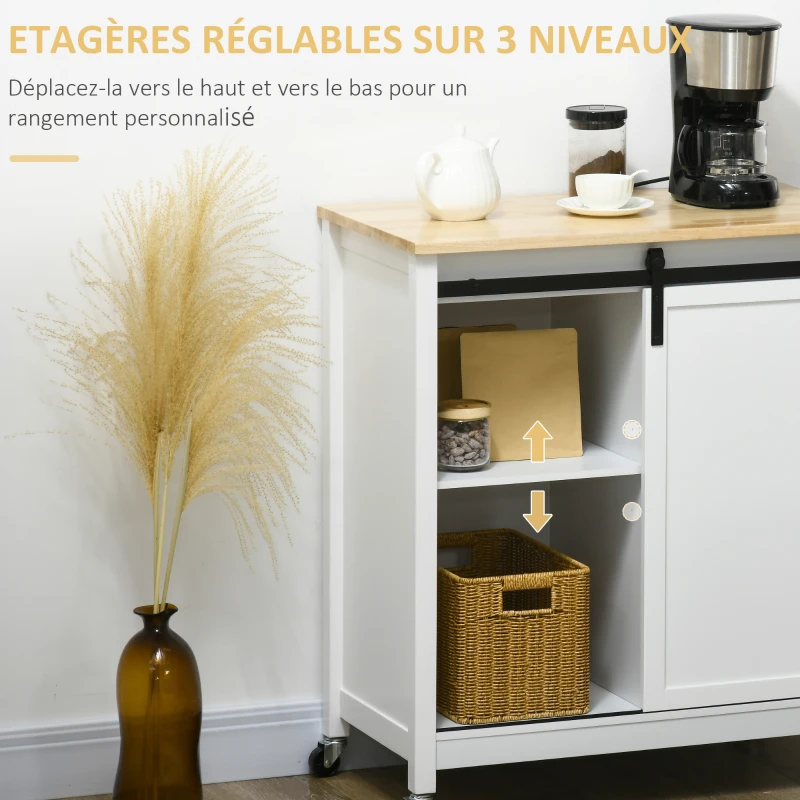 HOMCOM Desserte sur roulettes étagère et porte coulissante à galandage plateau en bois 88,5 x 45 x 91,5 cm blanc