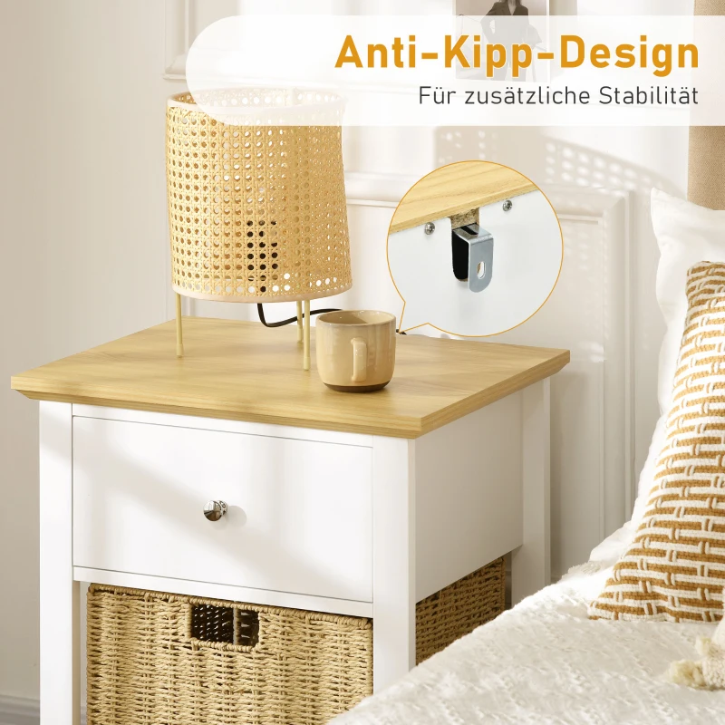 HOMCOM Stolik nocny z szafką i składanym koszem z rattanu, szuflada, stolik pomocniczy