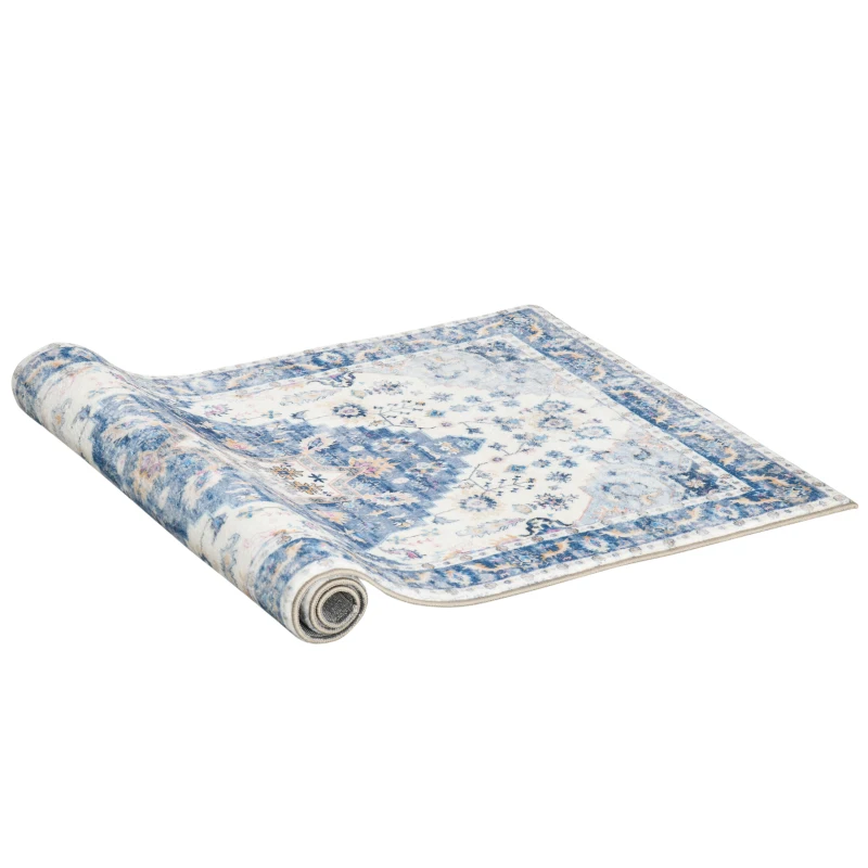 HOMCOM Alfombra de Salón Vintage 150x80 cm Alfombra Rectangular de Lana Sintética Antideslizante para Salón Dormitorio Azul