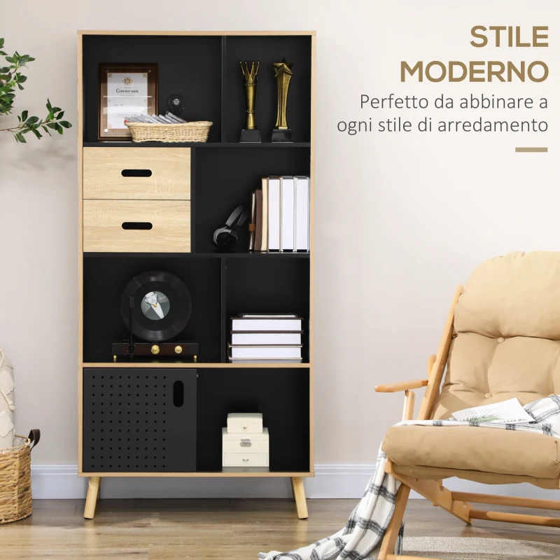 HOMCOM Mobile Libreria Moderna in MDF e Truciolato con 2 Cassetti e 7 Ripiani Aperti, 80x40x165 cm