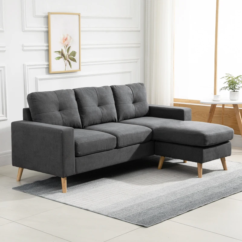 HOMCOM Hoekbank in Scandinavisch design, met knoopdetail, massief hout, linnenlook, Grijs(m-12)