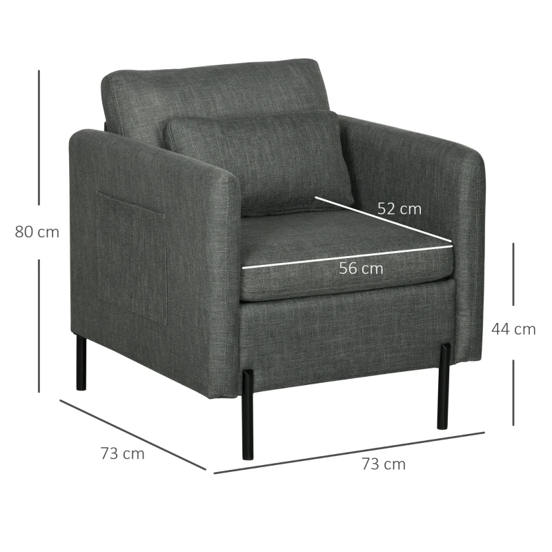 HOMCOM Poltroncina Moderna in Tessuto effetto Lino con Gambe in Acciaio e Tasche laterali, 73x73x80cm, Grigio