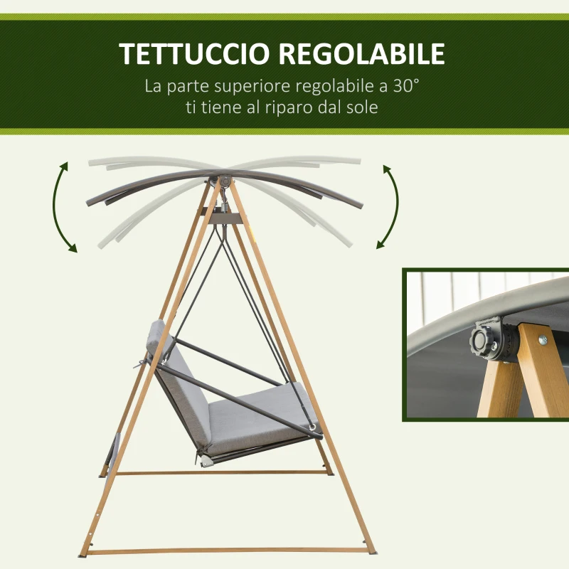 Outsunny Dondolo da giardino 3 posti con Tettuccio regolabile in acciaio, 224x133x173cm, grigio