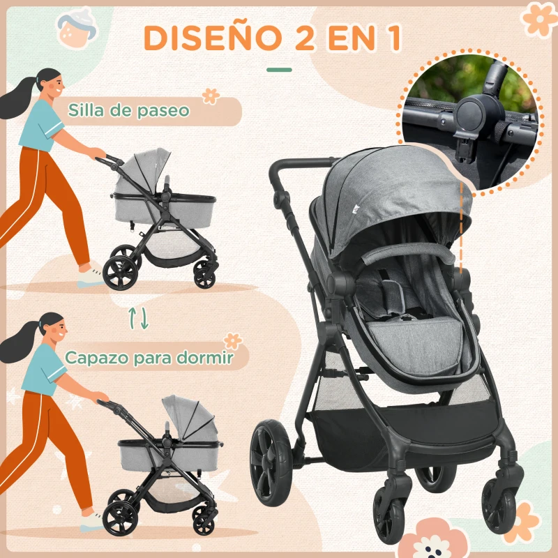 HOMCOM 2 en 1 Silla de Paseo Ligera Cochecito para Bebé de 0-36 Meses Plegable con Asiento Reversible 96x61x106 cm Gris